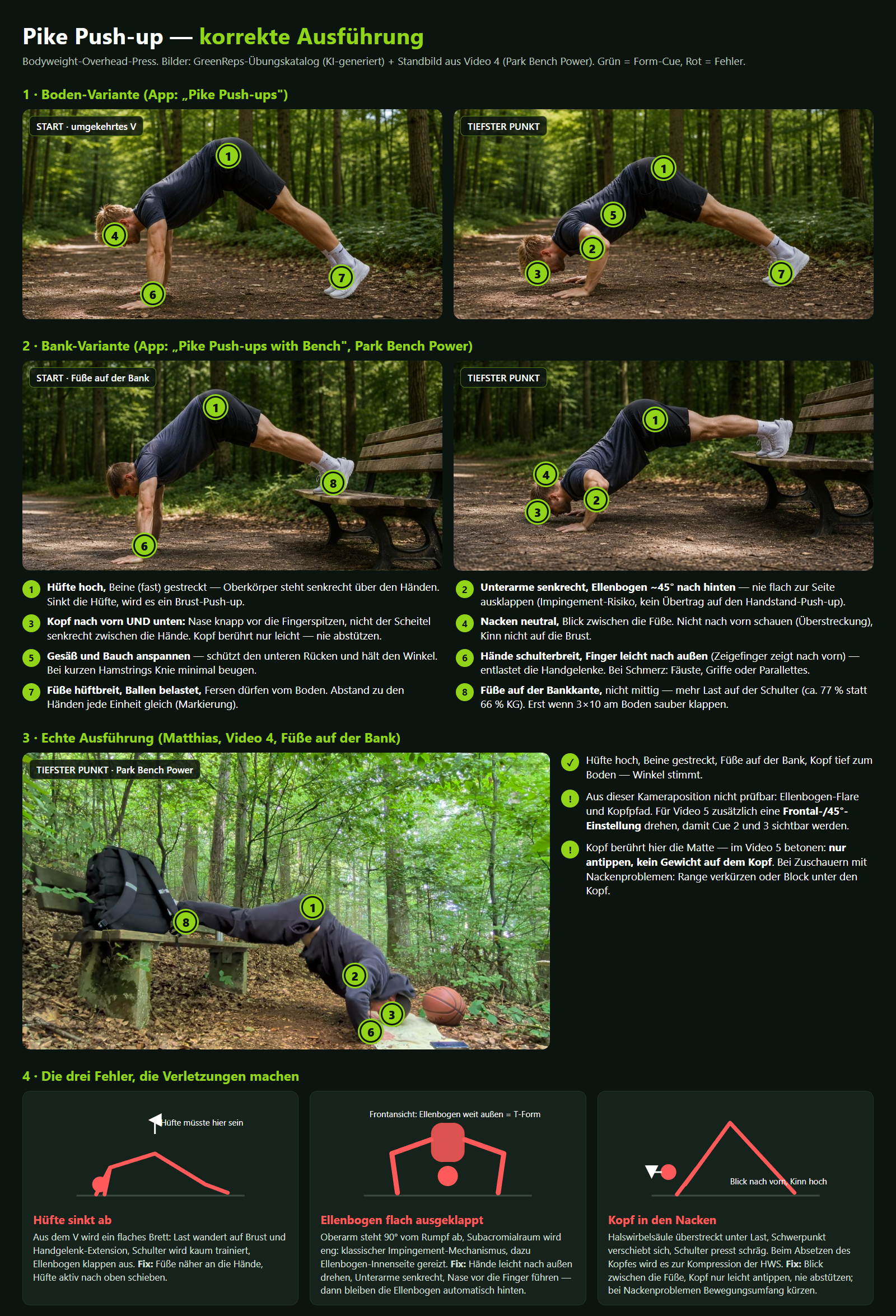 Pike push-up proper form: eight cues from hip height to nose position, with three common mistakes marked in red